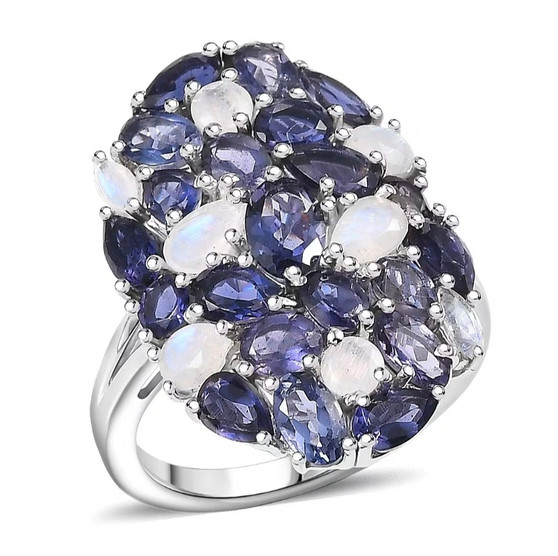 iolite and moonstone cluster ring in rhodium over sterling silver front