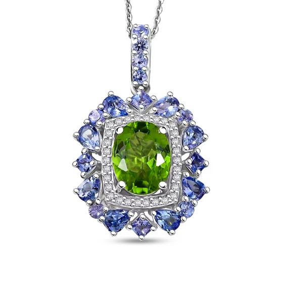 front view of peridot tanzanite and zircon double halo pendant necklace in rhodium over sterling silver