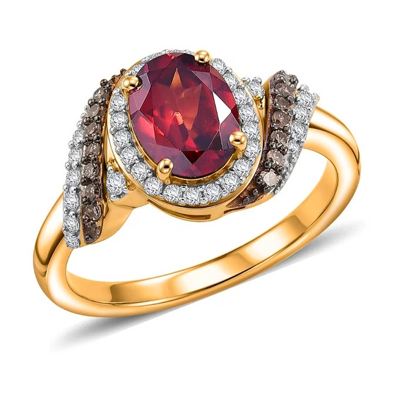 red zircon champagne and white diamond halo ring in 18k vermeil yellow gold over sterling silver front