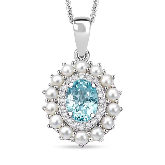 front view of blue zircon freshwater pearl and moissanite double halo pendant necklace in rhodium over sterling silver