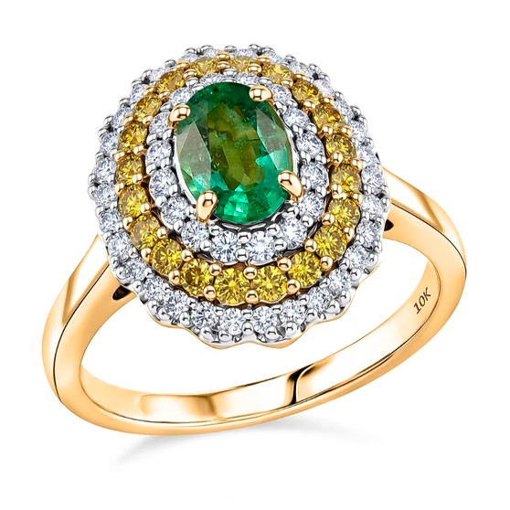 zambian emerald lab grown yellow and white diamond oval double halo ring in 10k yellow gold front