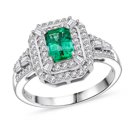 zambian emerald and moissanite vintage inspired double halo ring in rhodium over sterling silver front
