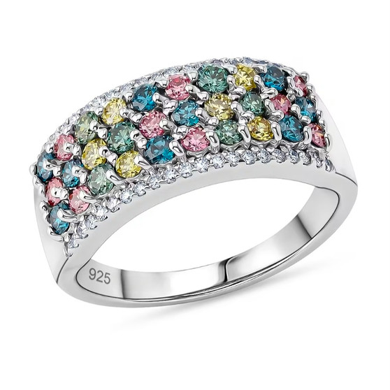 multi color lab grown diamond cluster band ring in rhodium over sterling silver front