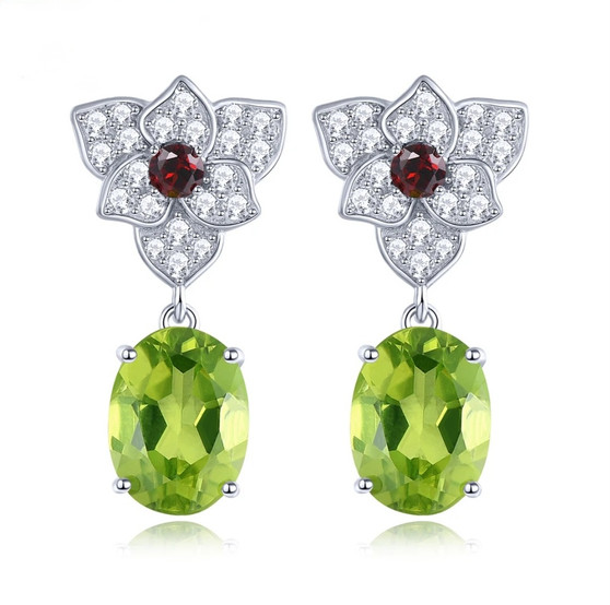 peridot garnet and white zircon lotus dangle earrings in rhodium over sterling silver front