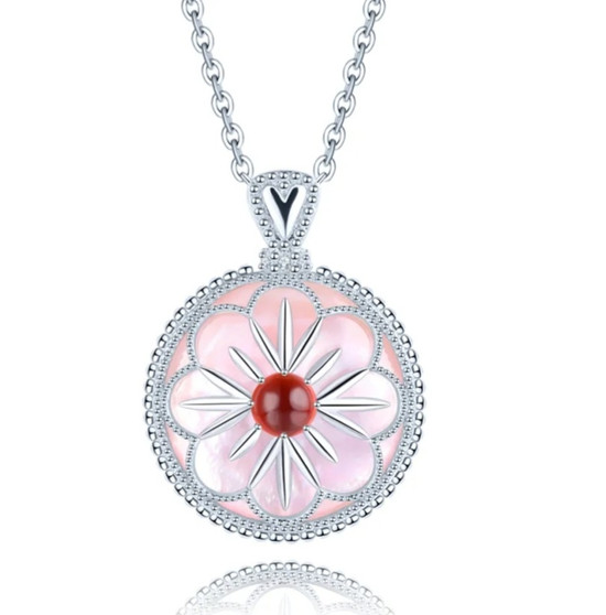 front view of garnet cabochon and mother of pearl necklace in rhodium over sterling silver