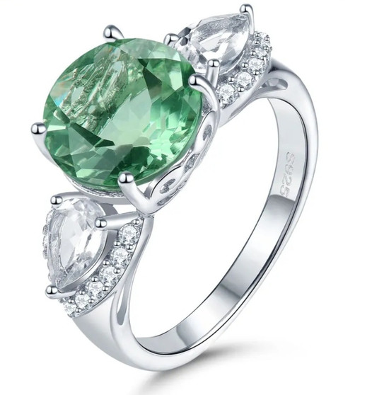 green fluorite and white zircon ring in rhodium over sterling silver