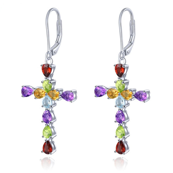 multi gemstone cross dangle earrings in rhodium over sterling silver