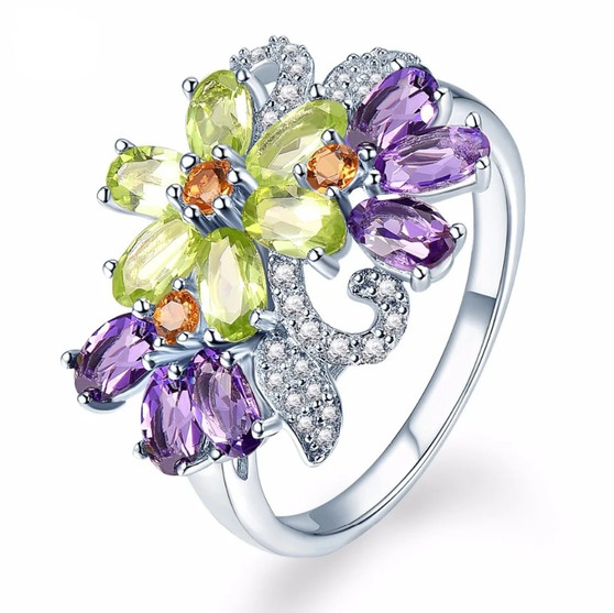 multi gemstone cluster ring in rhodium over sterling silver