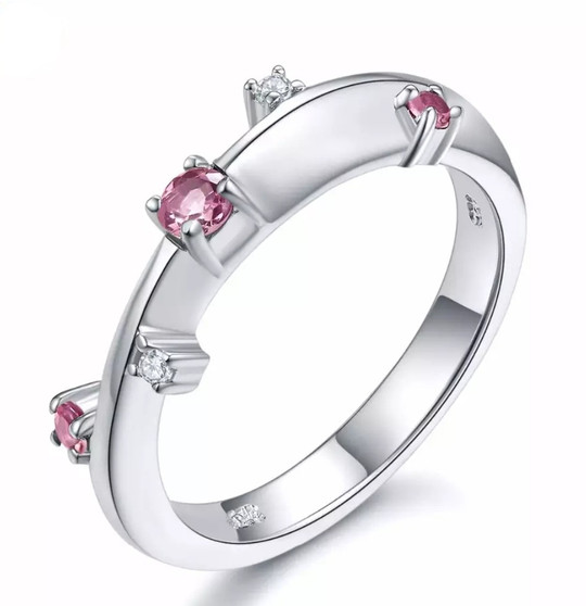 pink tourmaline and white topaz band ring in rhodium over sterling silver