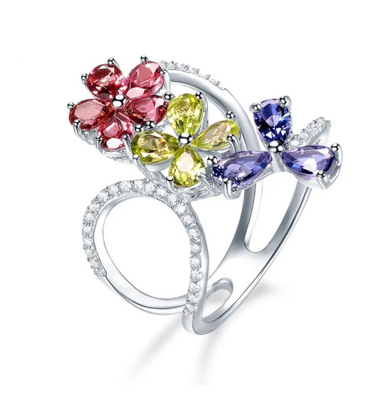 rhodolite garnet and peridot iolite and white zircon ring in rhodium over sterling silver