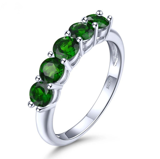 chrome diopside round five stone band ring in rhodium over sterling silver