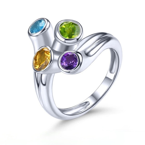 unique multi gemstone bypass ring in rhodium over sterling silver