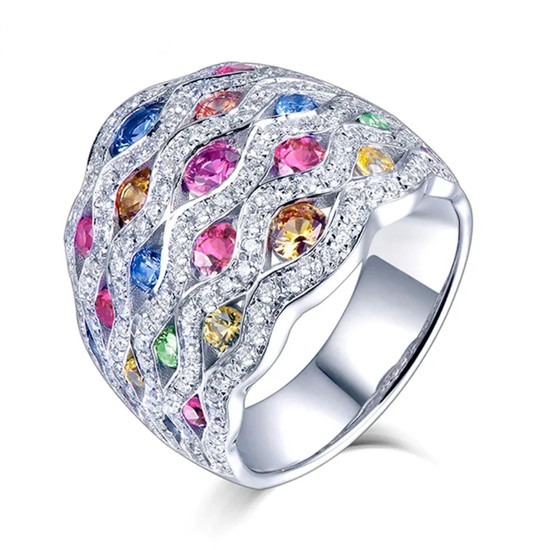 multi color sapphire and diamond 14k white gold wide band ring