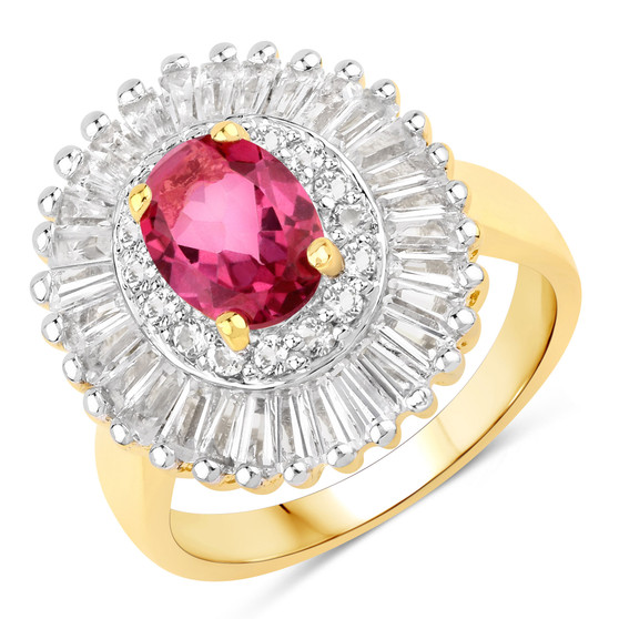 pink topaz and white topaz baguette halo ring in yellow gold and rhodium over sterling silver