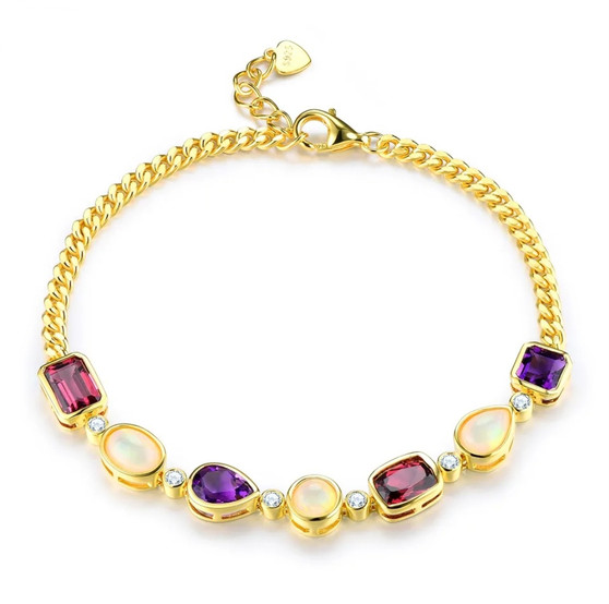 rhodolite garnet and amethyst ethiopian opal and zircon bracelet in 18k yellow gold over sterling silver