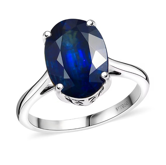 front view of kyanite oval solitaire ring in 950 platinum