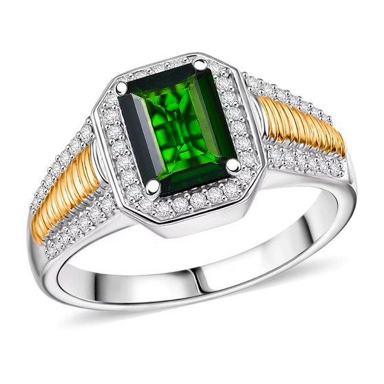 chrome diopside and moissanite emerald cut halo ring in two tone 18k yellow gold and rhodium over sterling silver front