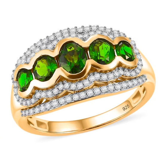 chrome diopside and moissanite five stone band ring in 18k vermeil yellow gold over sterling silver front