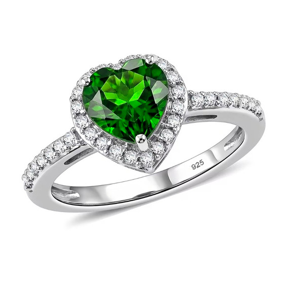 chrome diopside and moissanite heart shaped halo ring in rhodium over sterling silver front