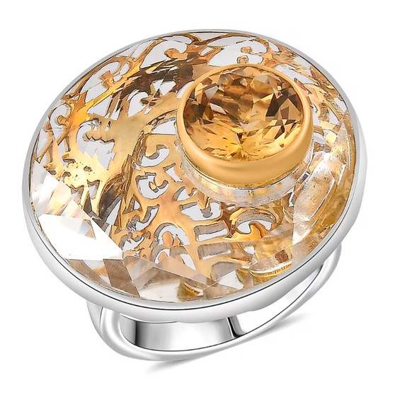 citrine and rock crystal quartz floating gemstone ring in two tone 18k vermeil and rhodium over sterling silver front