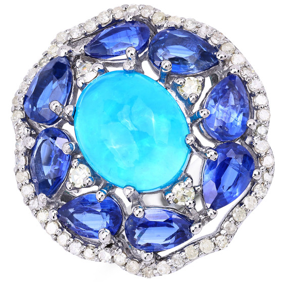 front view of blue opal kyanite and diamond ring in rhodium over sterling silver