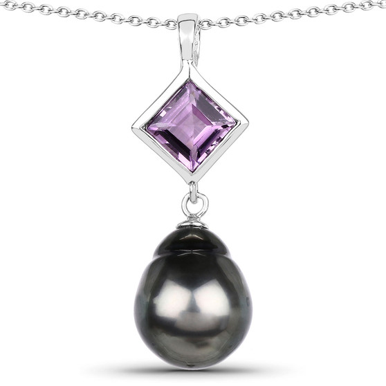 tahitian pearl and amethyst pendant necklace in rhodium over sterling silver front view