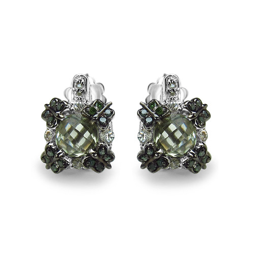 prasiolite green diamond and white sapphire butterfly earrings in rhodium plated sterling silver front view