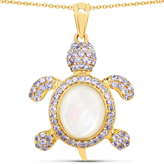 mother of pearl tanzanite and white topaz turtle pendant in 18k yellow gold over sterling silver