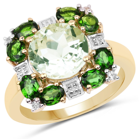 round prasiolite ring with chrome diopside halo and white topaz accents in sterling silver