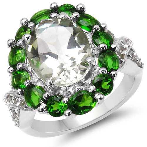 oval prasiolite ring with chrome diopside halo and white topaz accents in sterling silver