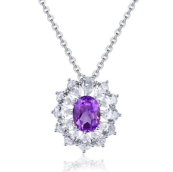 amethyst and white zircon floral halo necklace in rhodium over sterling silver