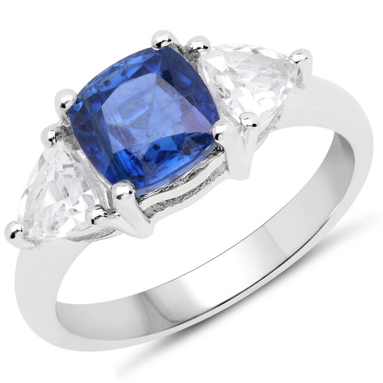 kyanite and white topaz three stone ring in rhodium plated sterling silver