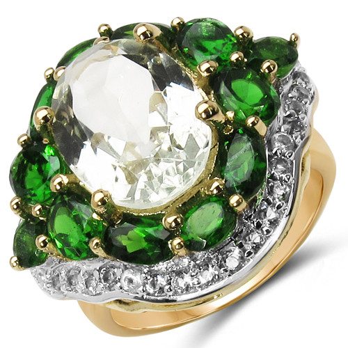 prasiolite chrome diopside and white topaz ring in 18k yellow gold over sterling silver