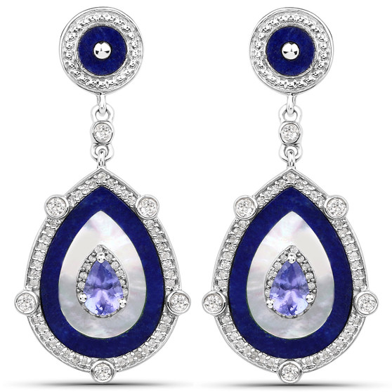 lapis lazuli mother of pearl tanzanite and white topaz drop earrings in rhodium plated sterling silver