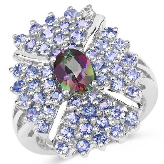 mystic topaz and tanzanite statement ring in rhodium over sterling silver