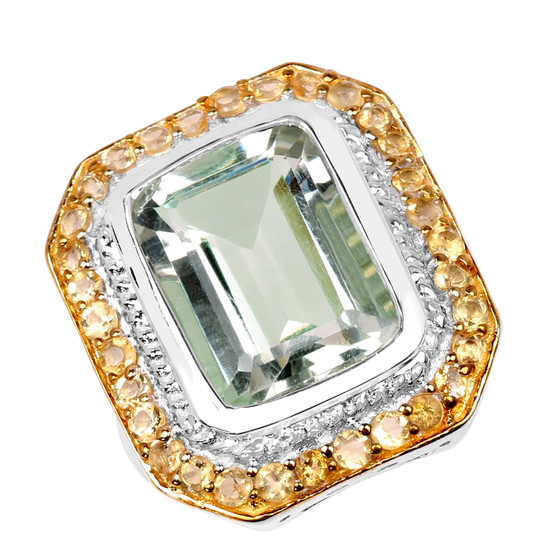 prasiolite and citrine emerald cut halo ring in yellow gold and rhodium over sterling silver