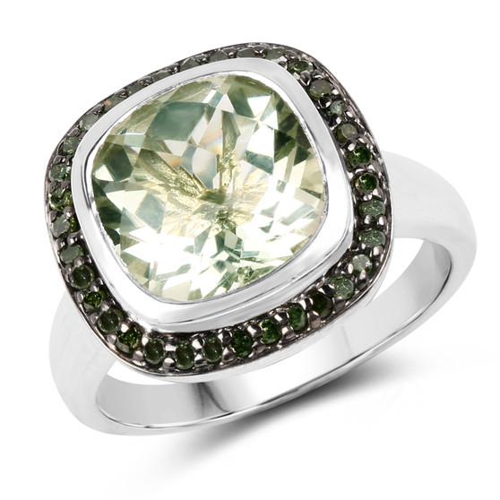 prasiolite and green diamond cushion halo ring in rhodium over sterling silver