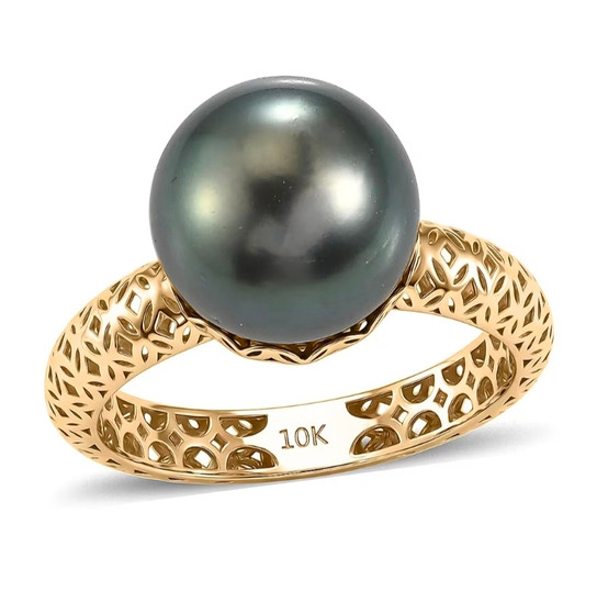front view of tahitian pearl round solitaire openwork 10k yellow gold ring 10mm