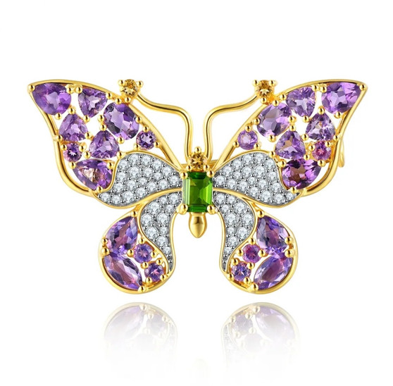 multi gemstone butterfly brooch in 18k yellow gold over sterling silver