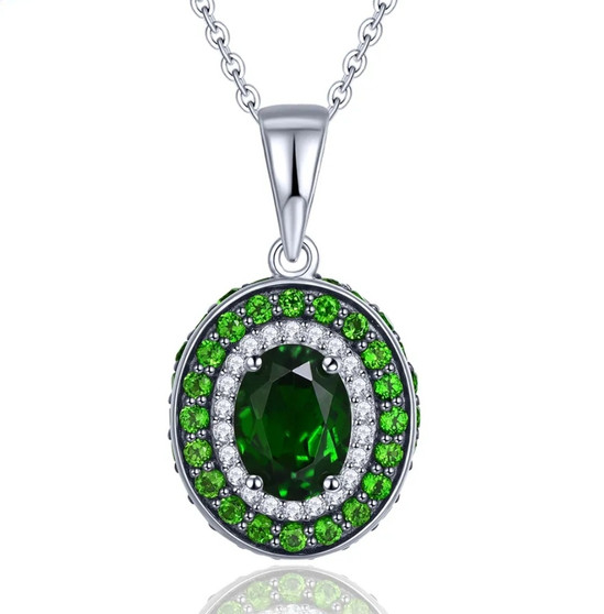 chrome diopside and white zircon halo pendant necklace in rhodium over sterling silver