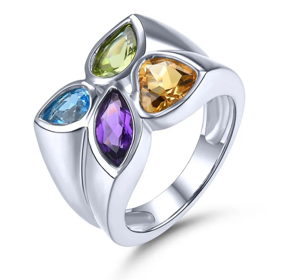 multi gemstone bezel quad ring in rhodium over sterling silver