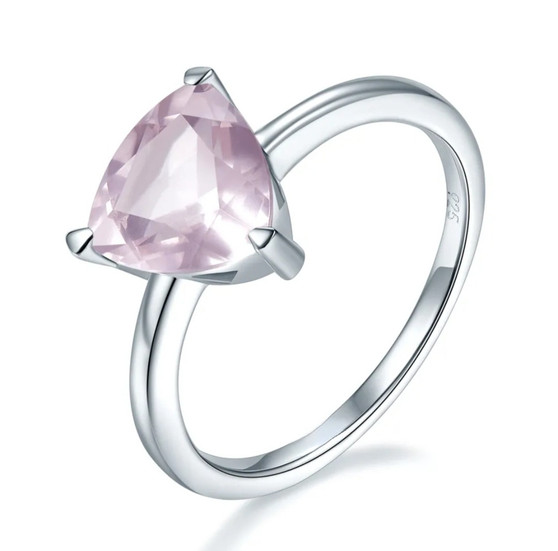 rose quartz 8mm trillion solitaire ring in rhodium over sterling silver