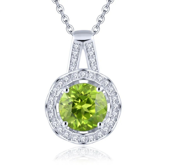 peridot and white zircon halo necklace in rhodium over sterling silver
