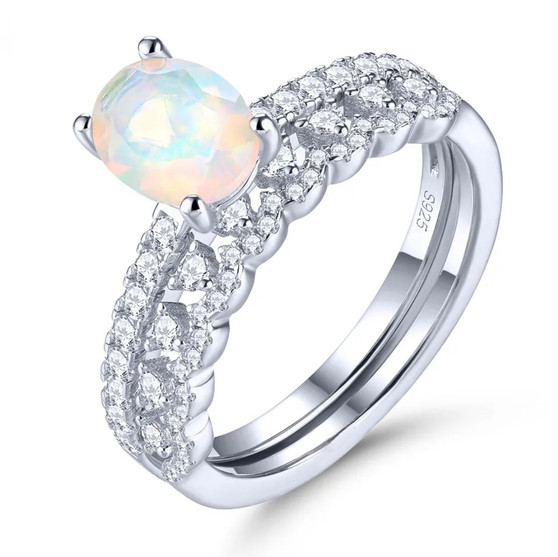 ethiopian opal and zircon two ring bridal set in rhodium over sterling silver