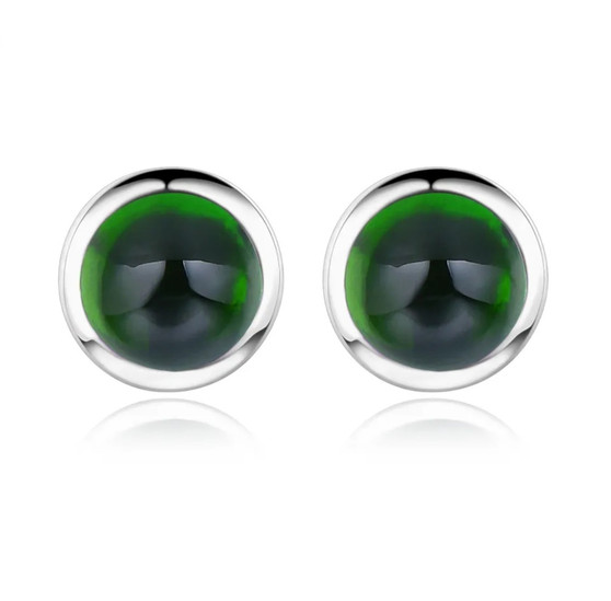 chrome diopside round cabochon stud earrings in rhodium over sterling silver