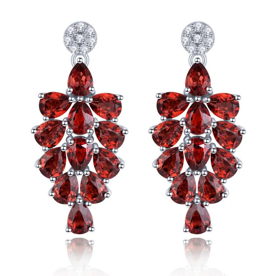 red garnet and zircon cluster drop earrings in rhodium over sterling silver