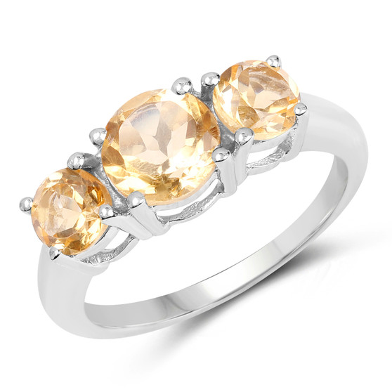 citrine round cut trilogy ring in rhodium over sterling silver