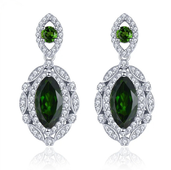 chrome diopside marquise halo drop earrings in rhodium over sterling silver