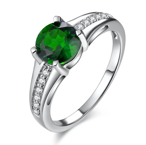 round chrome diopside and white zircon center design ring in rhodium over sterling silver
