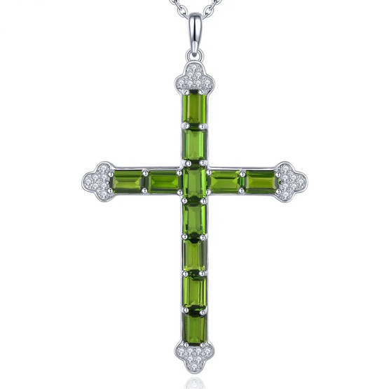 natural chrome diopside and white zircon cross pendant necklace in rhodium over sterling silver